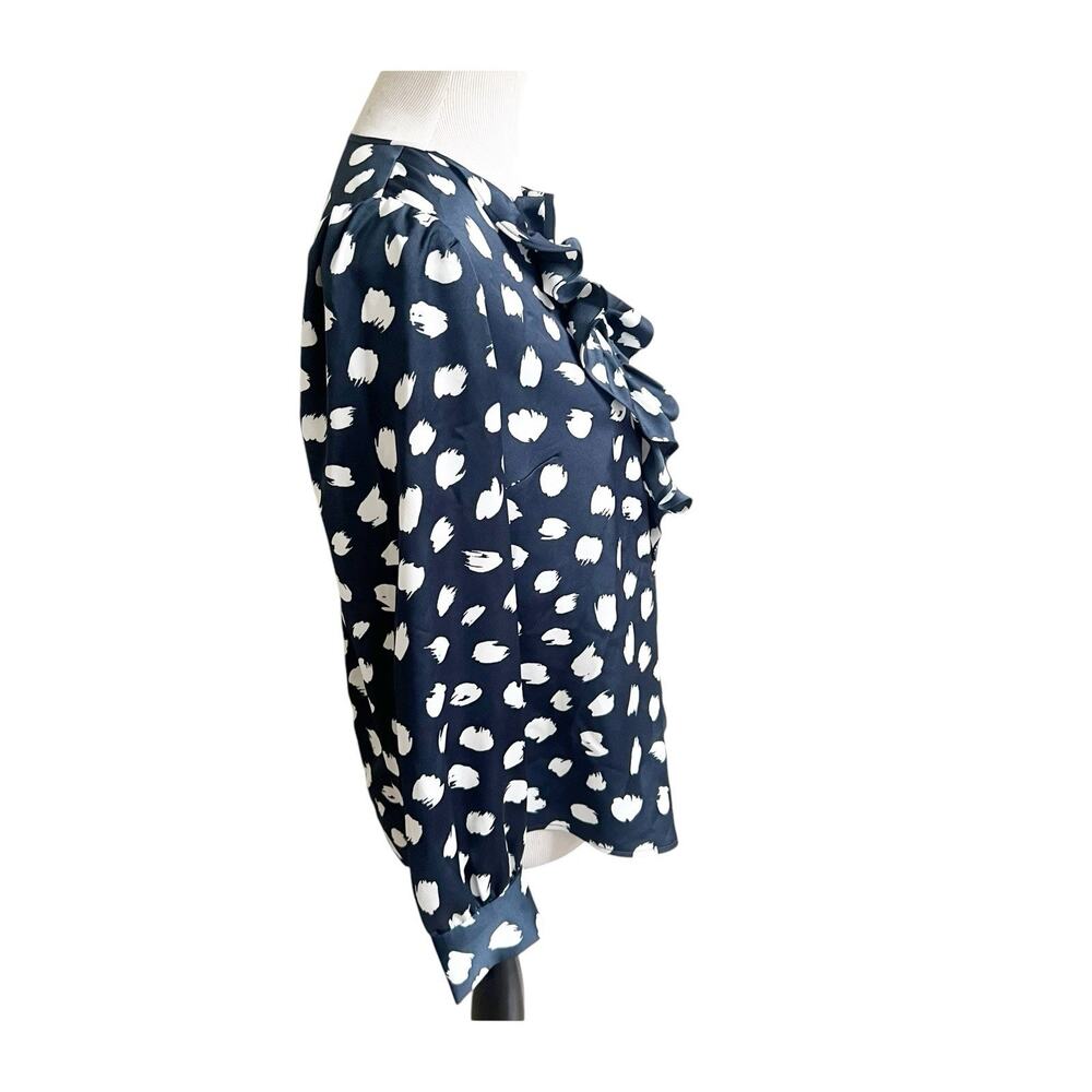 J. Crew Brushstroke Ruffled Satin Long Sleeve Size Small Navy White Preppy - Picture 5 of 11